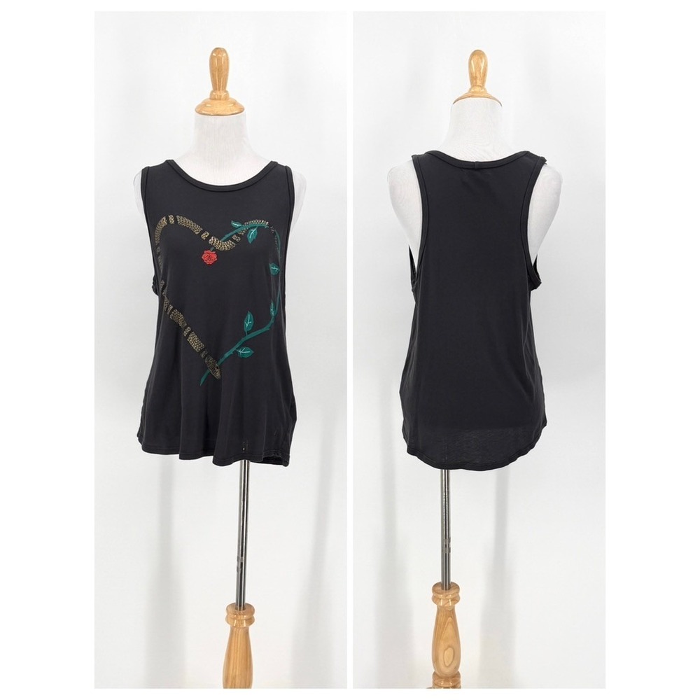 Lauren Moshi Tank Top Women Small Black Heart Snake Rose Graphic Sleeveless USA